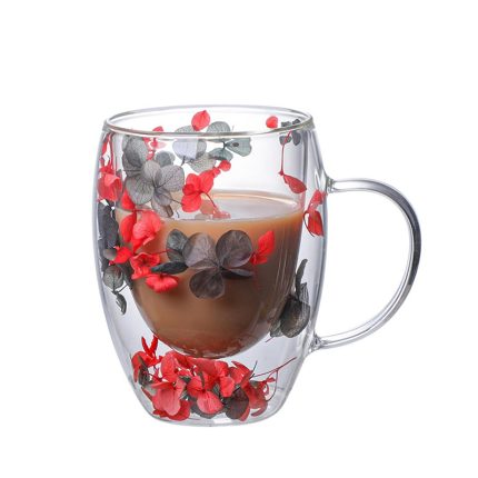 Creative Double Wall Flower Mug Glass Drinking Cup with Handle Borosilicate Glass Mug