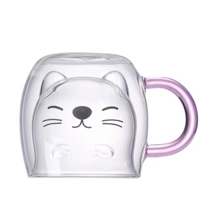 Customized Glass Cup​s Insulated Glass Coffee Mugs Pink Cat Cute Cup with Handle Double Wall Glass Mug