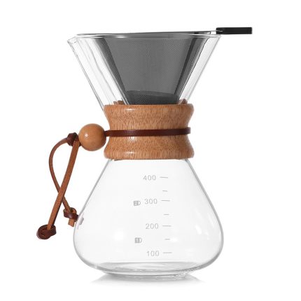 Custom Logo Pour Over Coffee Maker, High-Heat Borosilicate Glass Pot with Reusable Stainless Steel Filter and Wood Grip